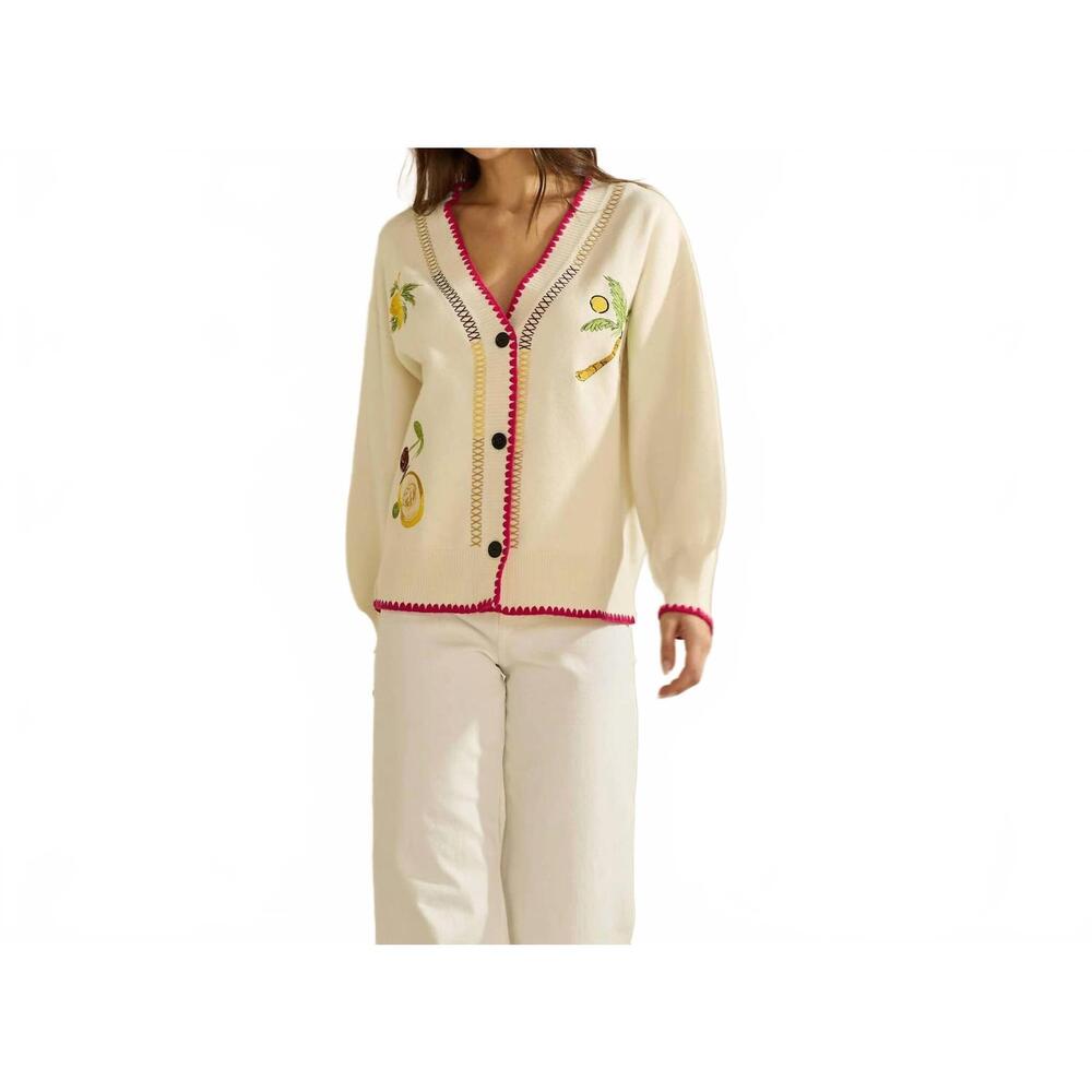 NEW ABLE embroidered v-neck cardigan in cream/red